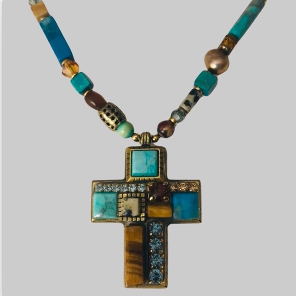 Vintage Michal Golan Cross Necklace Turquoise,Tiger Eye Gemstone Mosaic - Picture 5 of 9